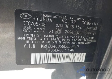 2009 Hyundai Elantra Gls from USA, damaged, VIN KMHDU46D59U650340